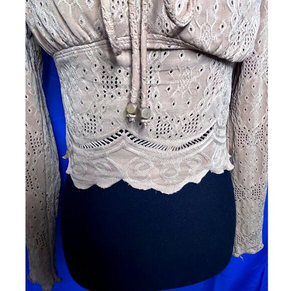 Womens Tan Milkmaid Long Sleeve Crop Top Sz S Cottagecore Peasant Ren Faire Boho - Picture 8 of 9